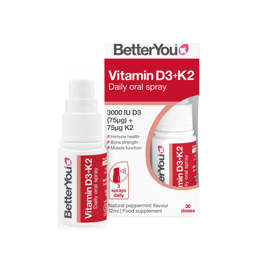 BetterYou D3000+ K2 Vitamin D3 oral spray 12ml peppermint flavour delivering 3000IU vitamin D3 and K2 for daily bone and immune support
