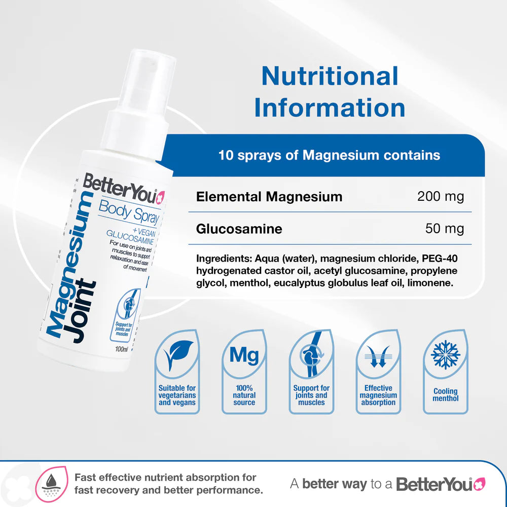 BetterYou Magnesium Oil Joint Spray 100ml suitable for adults and children aged 13 and over free from parabens synthetic colours and fragrances 