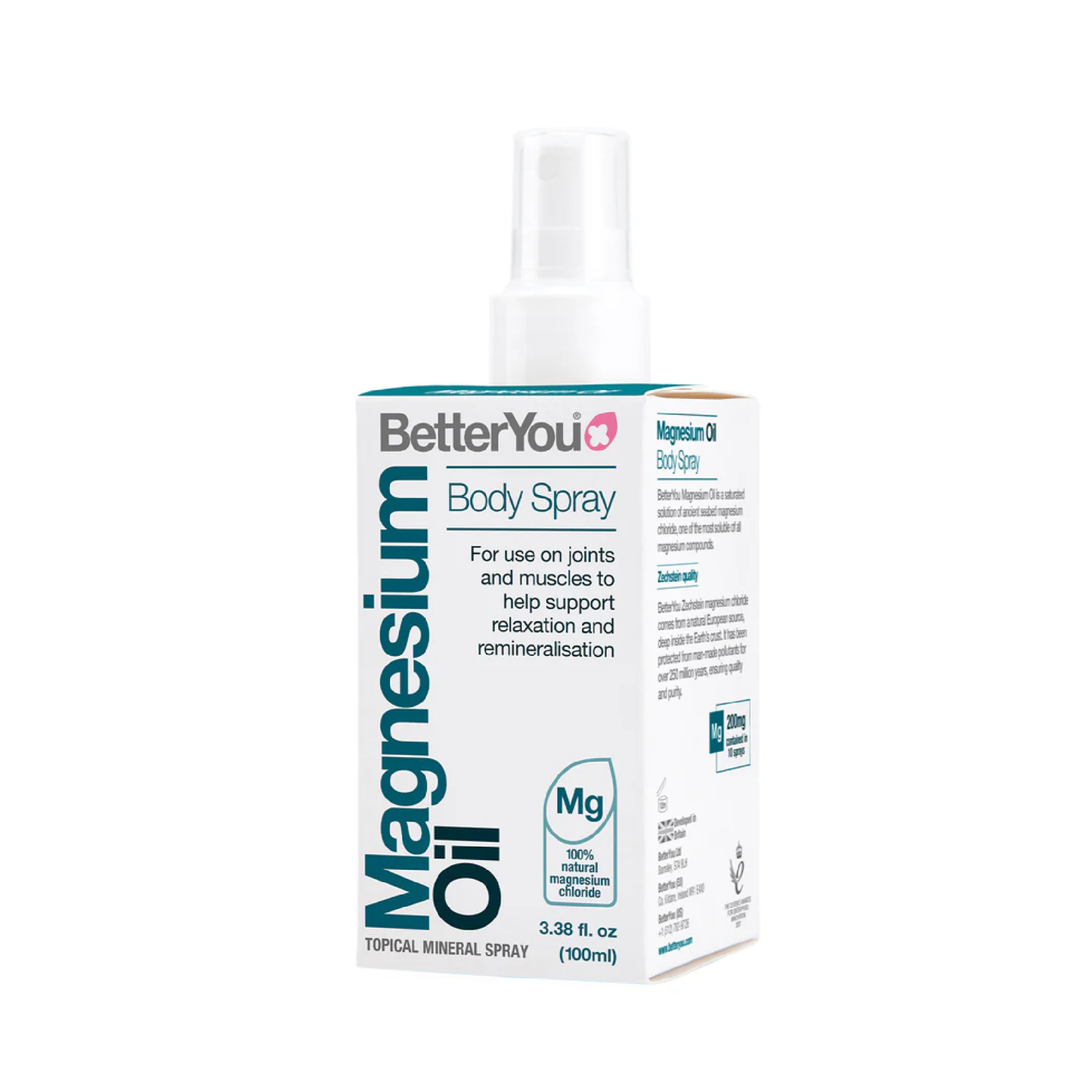 BetterYou Magnesium Oil Original Spray 100ml with 100% pure magnesium chloride delivering 200mg elemental magnesium per 10 sprays for fast transdermal absorption