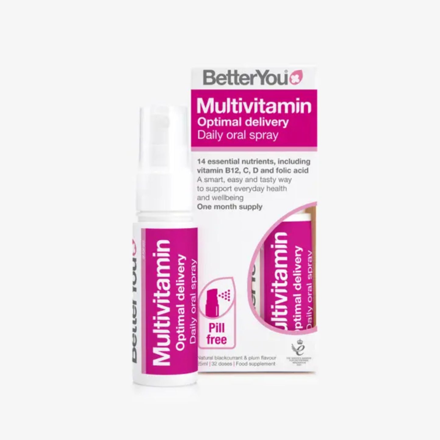 BetterYou Multivitamin Daily Oral Spray 25ml with 14 essential nutrients including vitamins D C K and B complex in blackcurrant and plum flavour