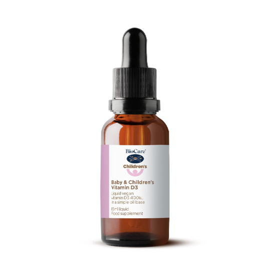 BioCare Baby And Childrens Vitamin D3 Drops bottle shown clearly for daily infant vitamin D support and healthy bone growth in newborns and young children