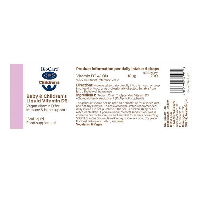 BioCare Baby And Childrens Vitamin D3 Drops featuring vitamin D3 in olive oil base with antioxidants for simple clean infant nutritional support and healthy development