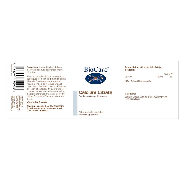 BioCare Calcium Citrate 90 Capsules featuring highly absorbable calcium citrate form supporting bone density, muscle contraction and nervous system signalling