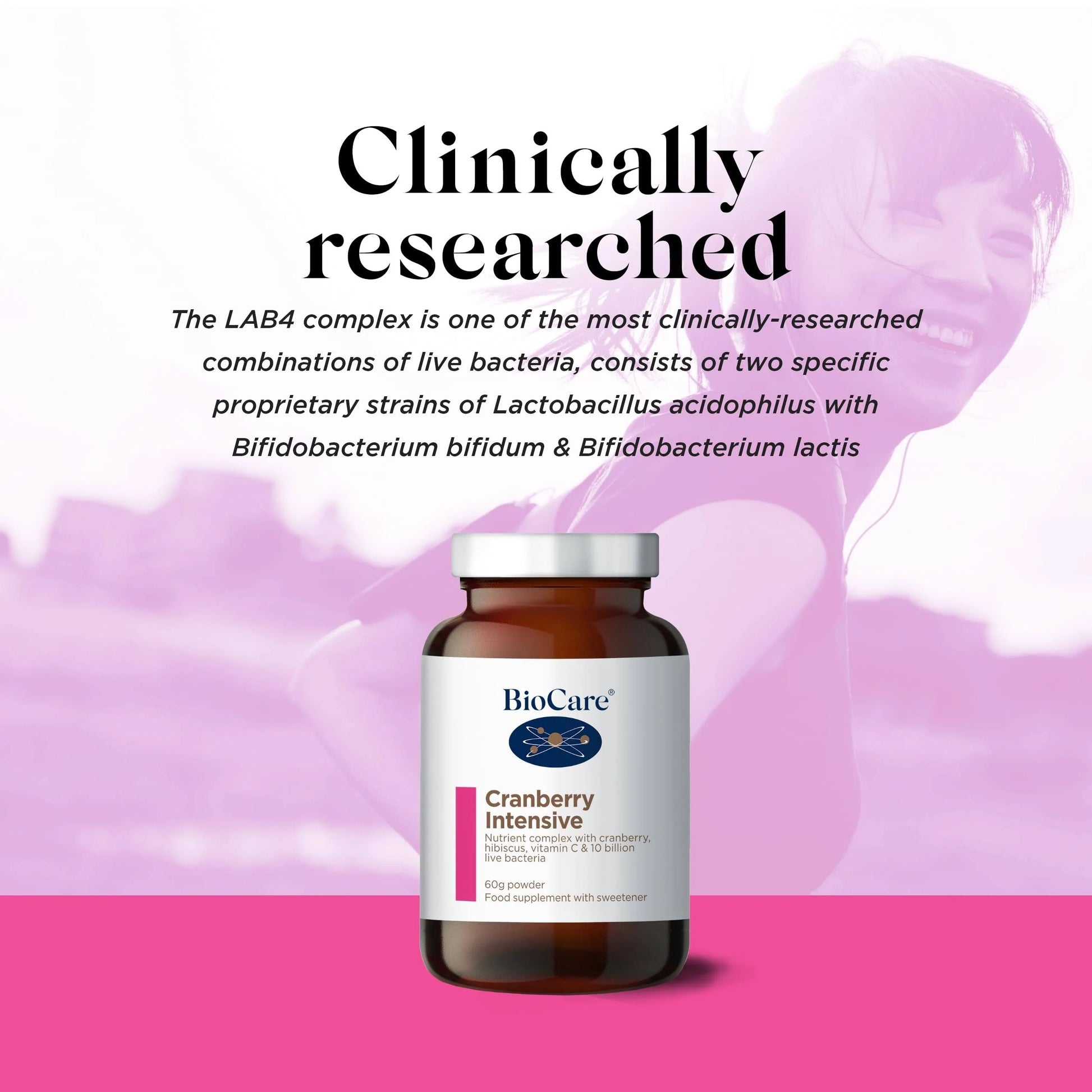 BioCare Cranberry Intensive 60g powder mixed in water supporting urinary tract comfort, immune resilience and digestive balance for everyday feminine health support