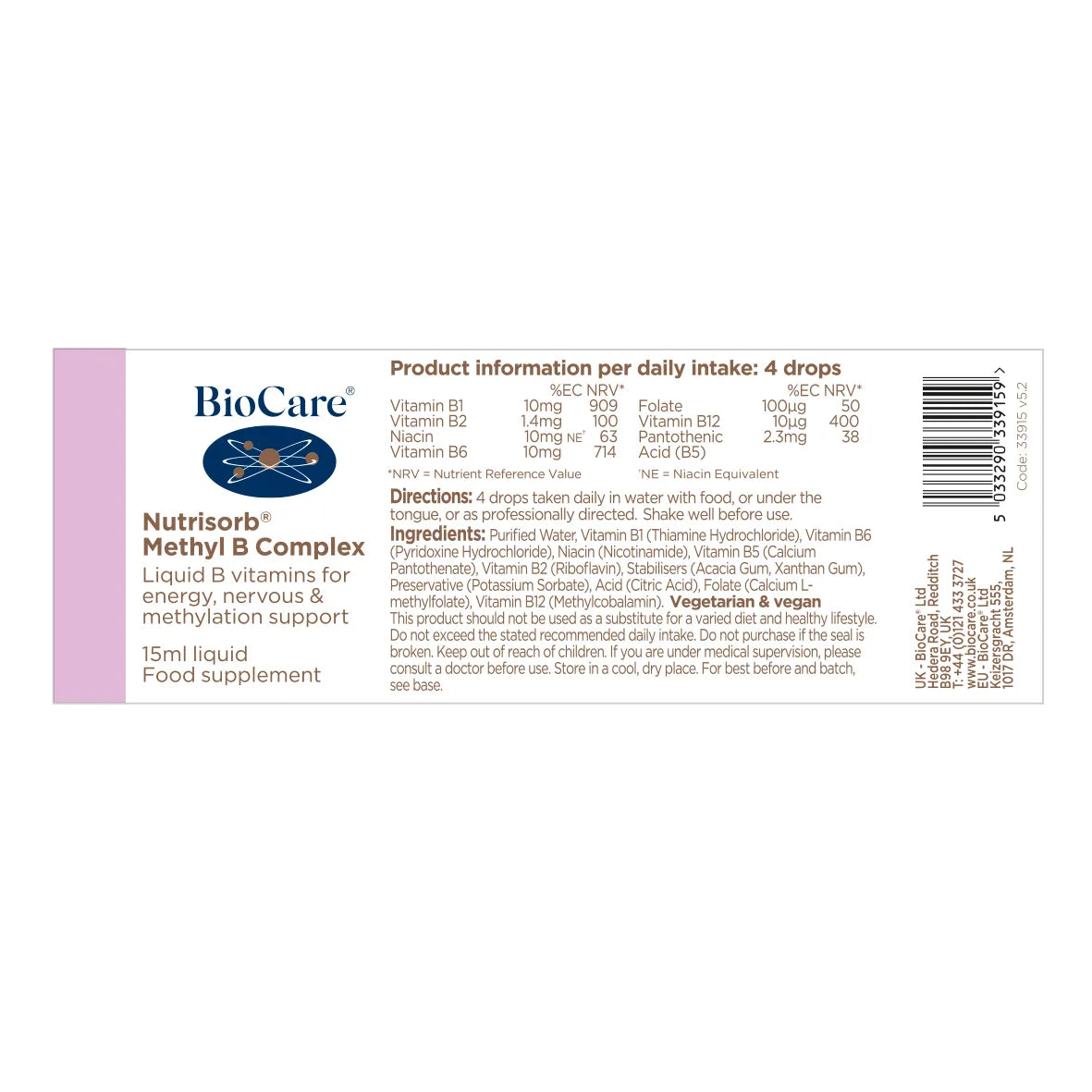BioCare Nutrisorb Methyl B Complex with B1 B2 B5 B6 niacin calcium L-methylfolate and methylcobalamin 56 days supply