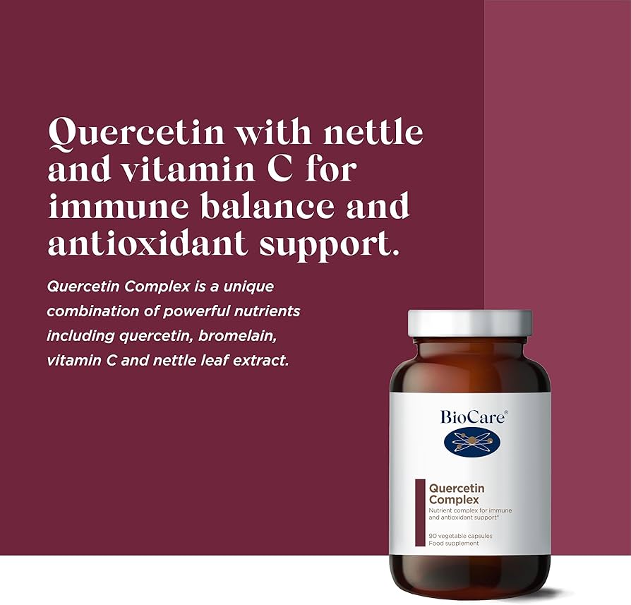 BioCare Quercetin Complex 90 Capsules featuring quercetin flavonoid, vitamin C, bromelain enzyme and nettle extract supporting antioxidant defence and immune system function