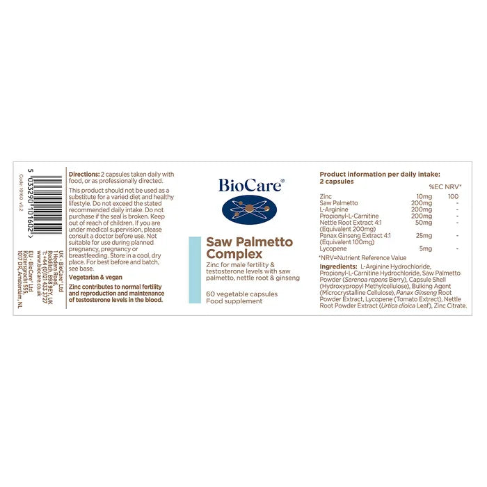 BioCare Saw Palmetto Complex 60 Capsules supporting male vitality helping maintain testosterone levels energy and reproductive health for men seeking hormonal balance and fertility support