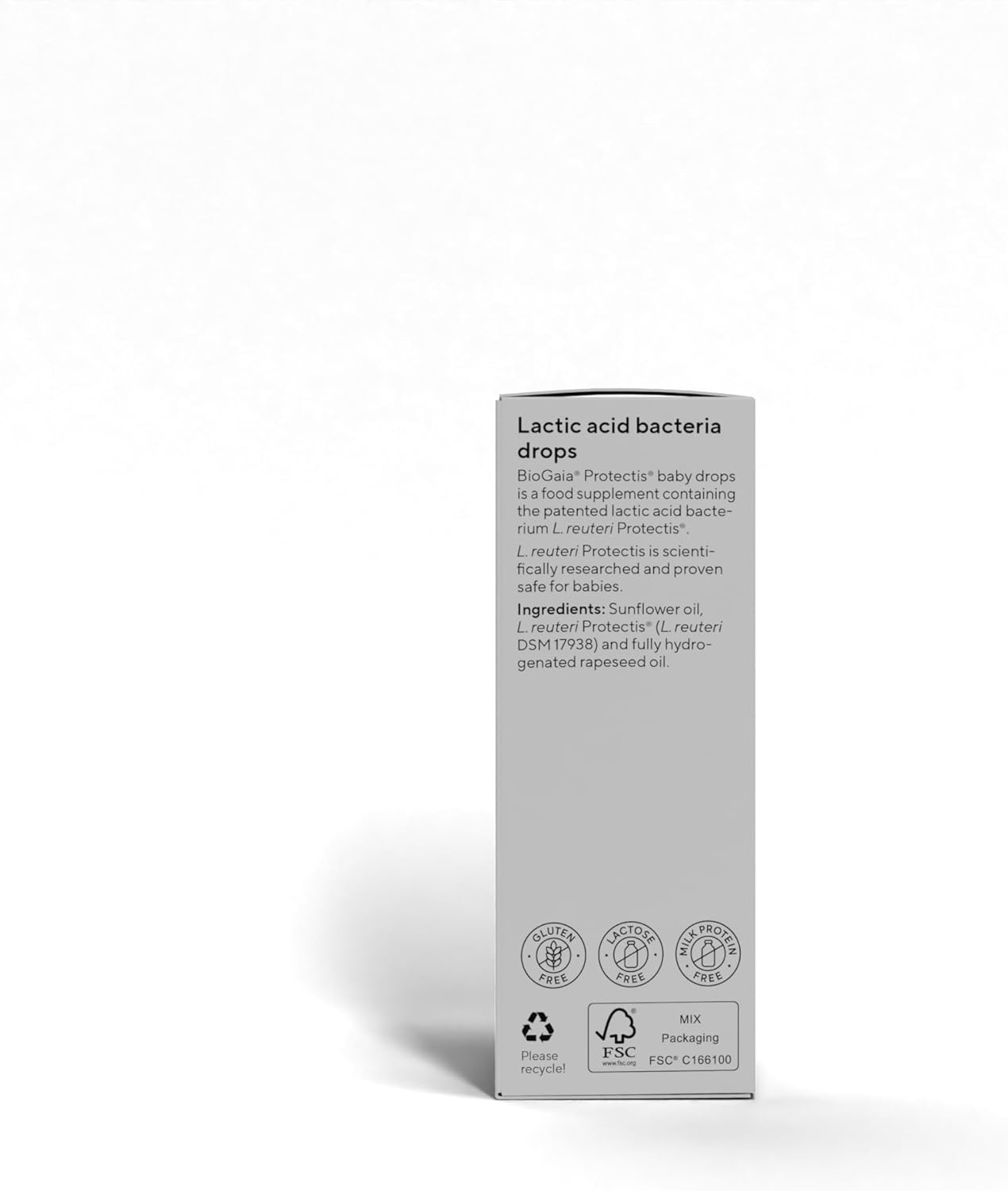 BioGaia baby drops showing L reuteri DSM 17938 live cultures delivering 100 million probiotics per dose for infant digestive and gut support