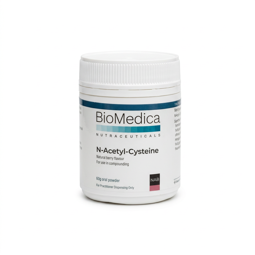 BioMedica N-Acetyl-Cysteine (NAC) Natural Berry 60g vegan powder with berry flavour and thaumatin for a sweet taste in each measured spoon.