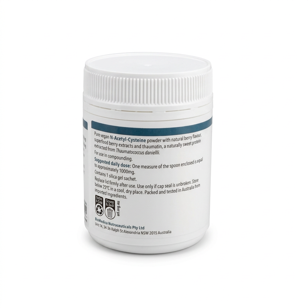 BioMedica N-Acetyl-Cysteine (NAC) Natural Berry powder suits vegan diets, with a spoon for measured use and berry flavour for a sweet taste.
