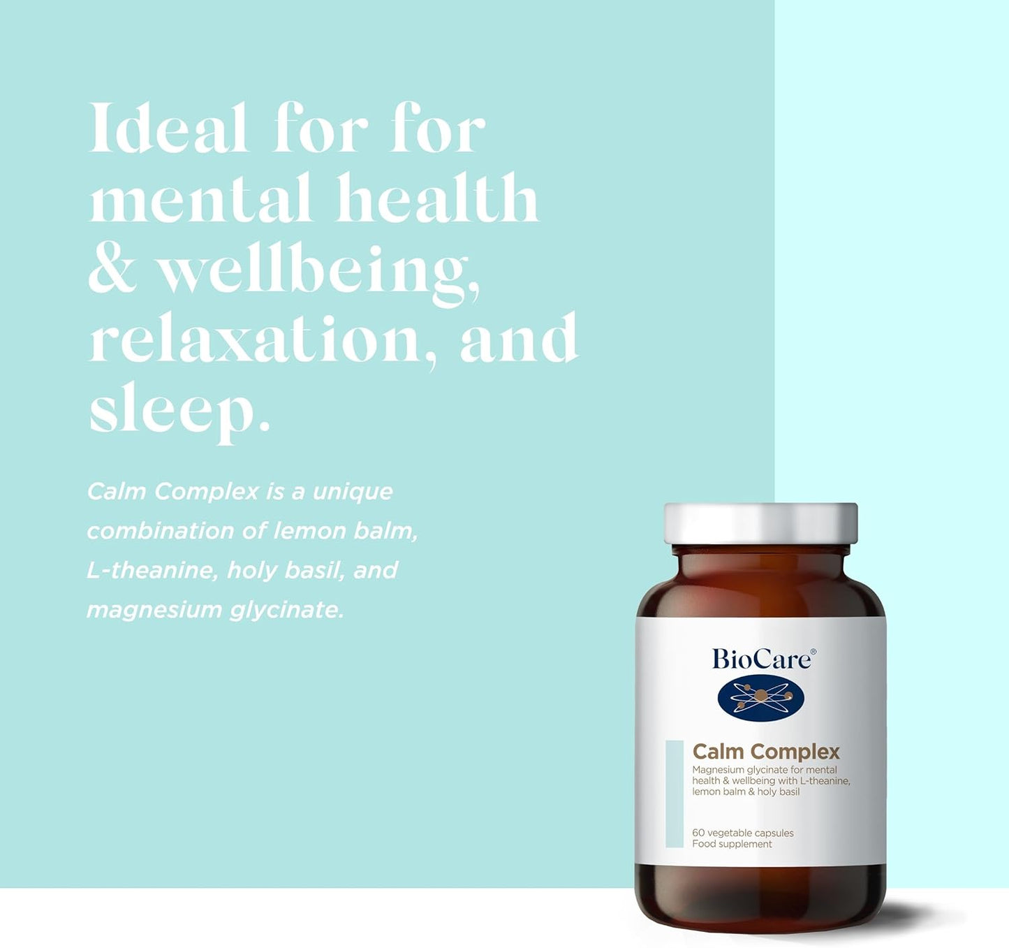 BioCare Calm Complex 60 Capsules featuring magnesium glycinate, L-theanine, lemon balm and holy basil extracts supporting calm mood, stress response and mental wellbeing