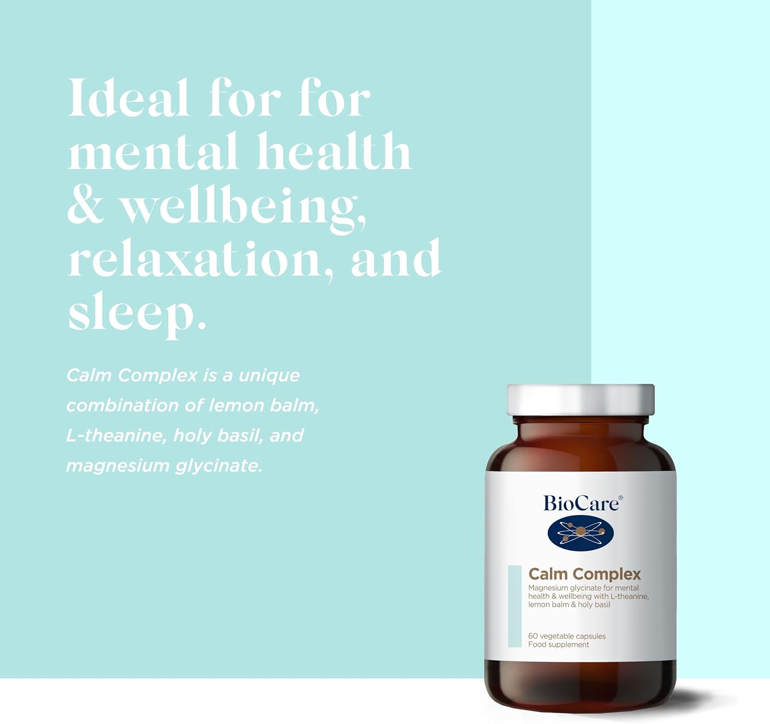 BioCare Calm Complex 60 Capsules featuring magnesium glycinate, L-theanine, lemon balm and holy basil extracts supporting calm mood, stress response and mental wellbeing