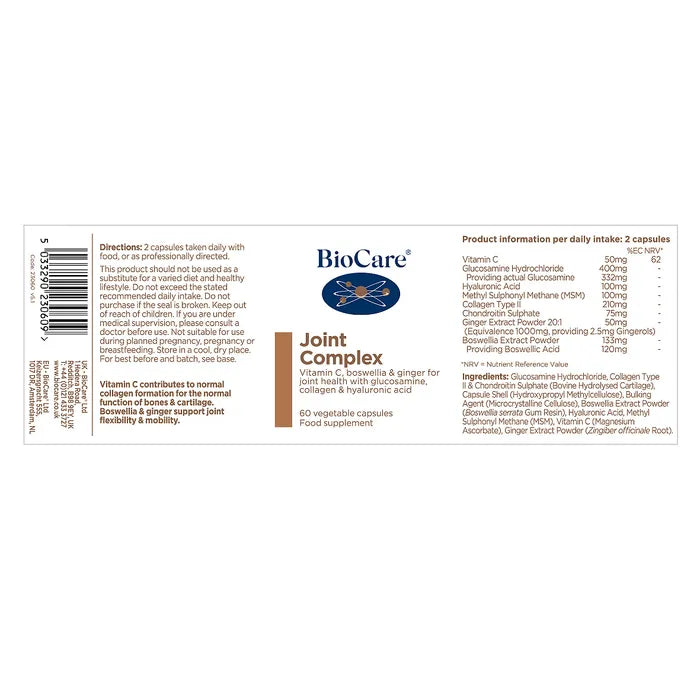 Biocare Joint Complex 60 Capsules containing glucosamine hydrochloride collagen type II MSM hyaluronic acid Boswellia vitamin C and ginger extract for comprehensive joint and connective tissue support