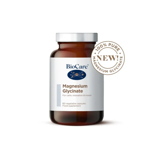 BioCare Magnesium Glycinate 60 Capsules providing high absorption magnesium support for relaxation, stress reduction, improved sleep quality and daily nervous system balance