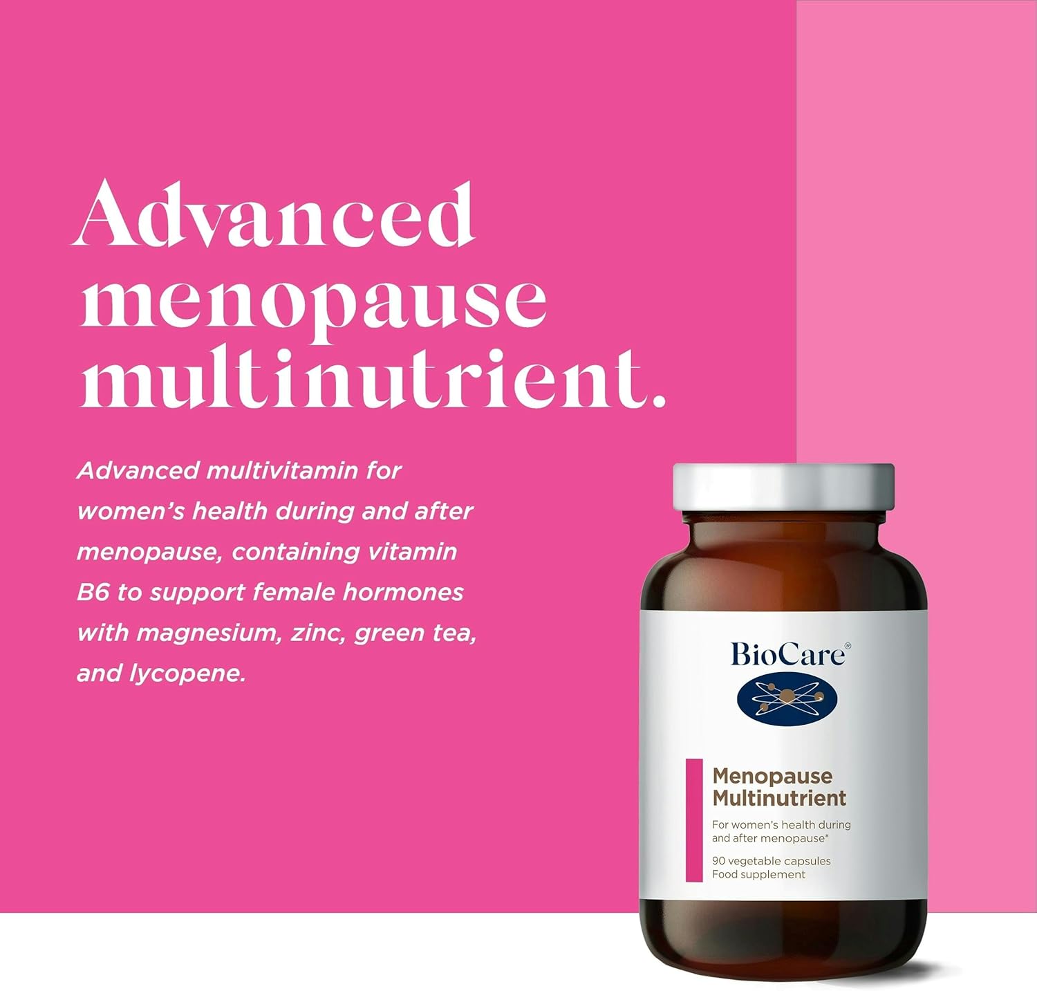 BioCare Menopause Multinutrient 90 Capsules supporting women through menopause with energy, mood balance, bone support and long-term healthy ageing benefits