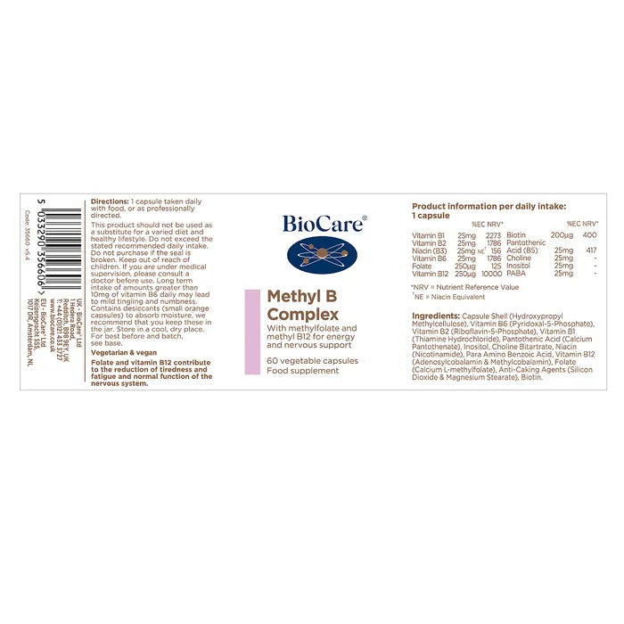 Biocare Methyl B Complex 60 Capsules with methylfolate, methylcobalamin, P-5-P vitamin B6 and Quatrefolic supporting energy metabolism and bioavailability for optimal cellular function