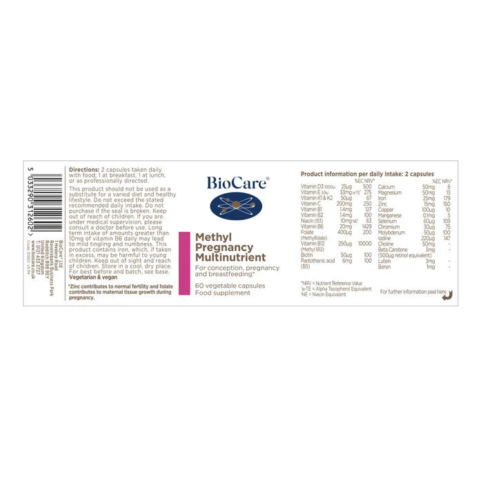 Biocare Methyl Pregnancy Multinutrient 60 Capsules supporting women during pregnancy and breastfeeding helping reduce nutritional gaps improve energy and promote healthy baby development and maternal wellbeing