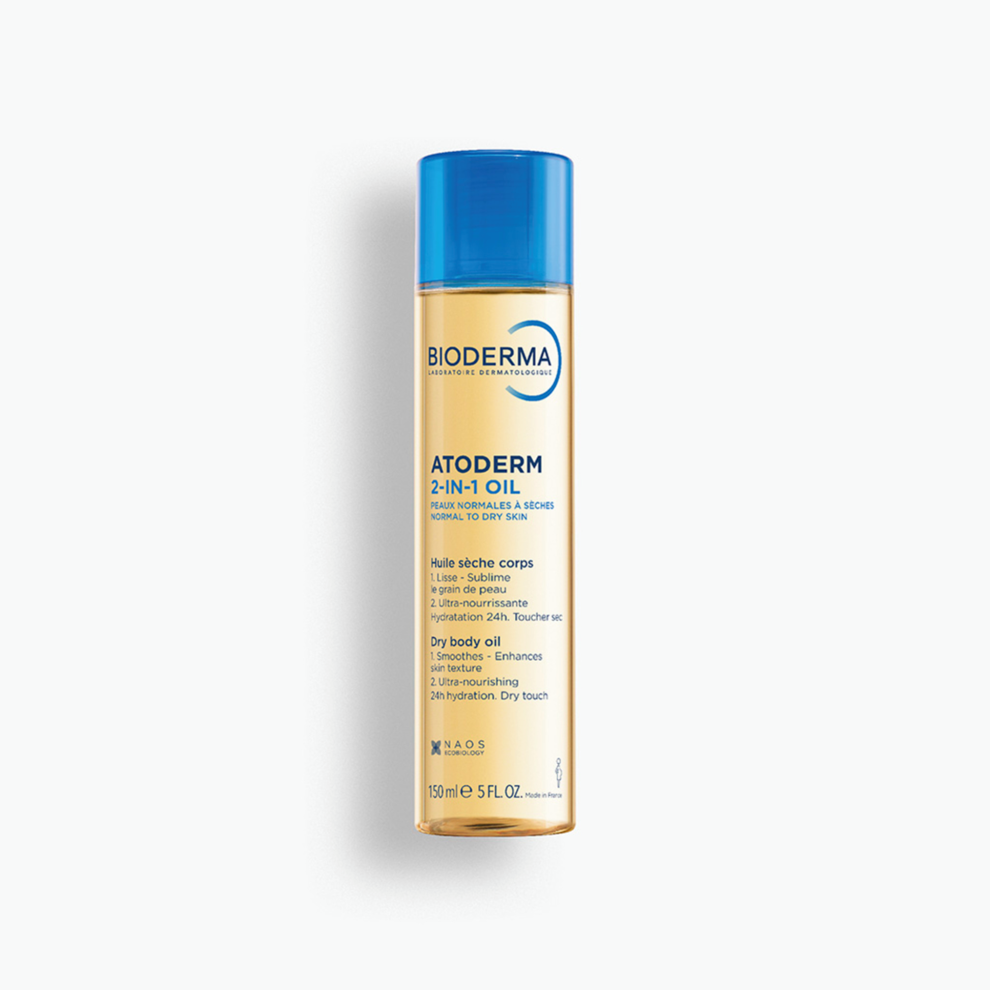 Bioderma Atoderm 2 in 1 dry body oil 150ml bottle for dry skin, fast absorbing oil that nourishes deeply and leaves skin soft and smooth