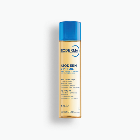 Bioderma Atoderm 2 in 1 dry body oil 150ml bottle for dry skin, fast absorbing oil that nourishes deeply and leaves skin soft and smooth