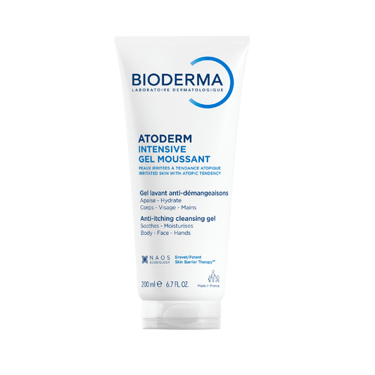 Bioderma Atoderm Intensive foaming gel 200ml for dry atopic skin, ultra soothing cleanser that gently removes impurities while restoring skin comfort