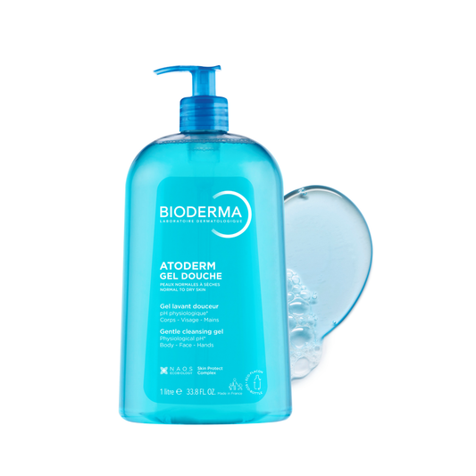 Bioderma Atoderm Shower Gel 1 litre pump bottle for dry sensitive skin, gently foaming cleanser that hydrates and protects the skin barrier