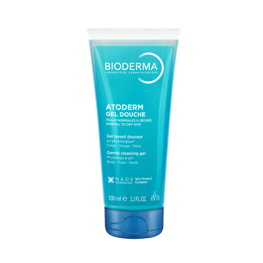 Bioderma Atoderm Shower Gel 200ml bottle for dry sensitive skin, gentle foaming cleanser that hydrates and protects the skin barrier daily