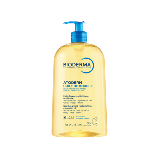 Bioderma Atoderm Shower Oil 1 litre pump bottle for dry sensitive skin, gently cleanses while restoring moisture and protecting the skin barrier