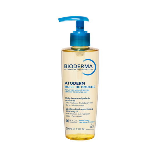 Bioderma Atoderm Shower Oil 200ml pump bottle for dry sensitive skin, gently cleanses while restoring moisture and protecting the skin barrier