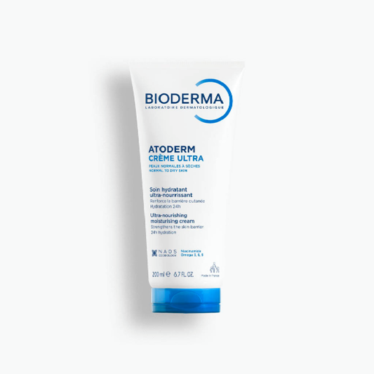 Bioderma Atoderm Ultra Nourishing Cream 200ml tube for dry sensitive skin, 24 hour hydrating moisturiser that strengthens skin barrier and restores softness