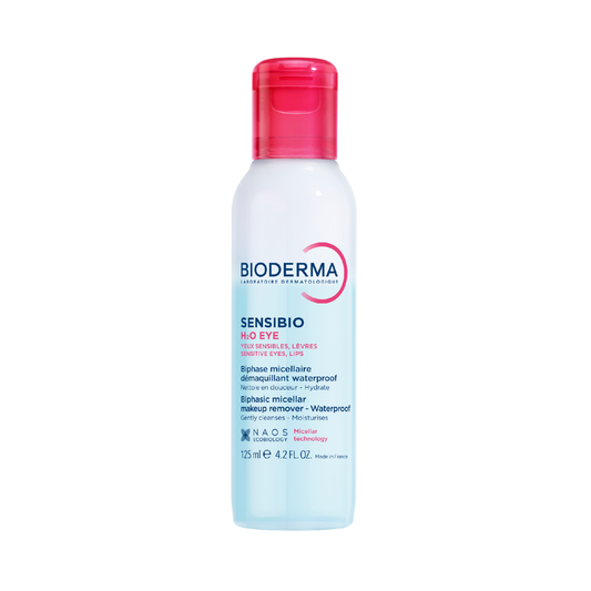 Bioderma Sensibio H2O eye biphase micellar makeup remover 125ml for sensitive eyes, gently removes waterproof makeup while hydrating and protecting skin