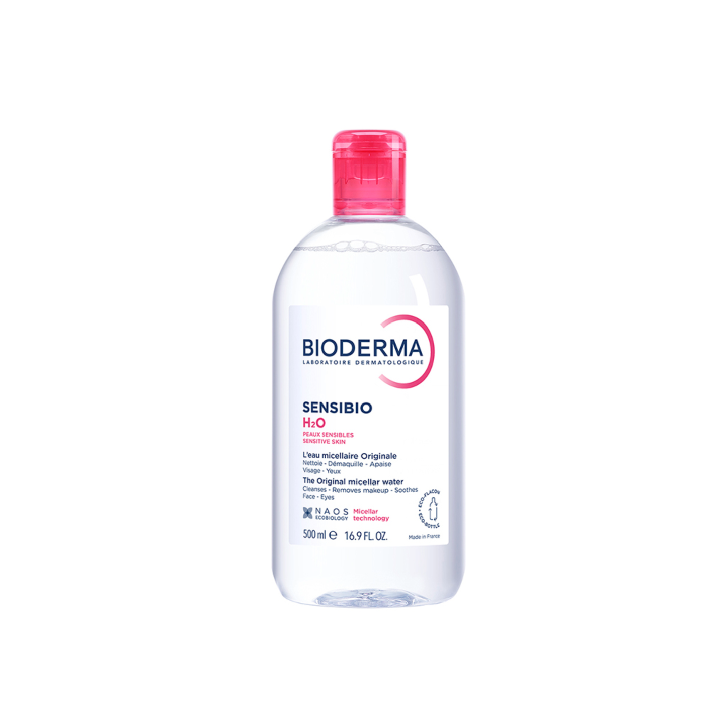 Bioderma Sensibio H2O micellar water 500ml for sensitive skin, gentle cleanser that removes makeup and impurities while soothing irritation