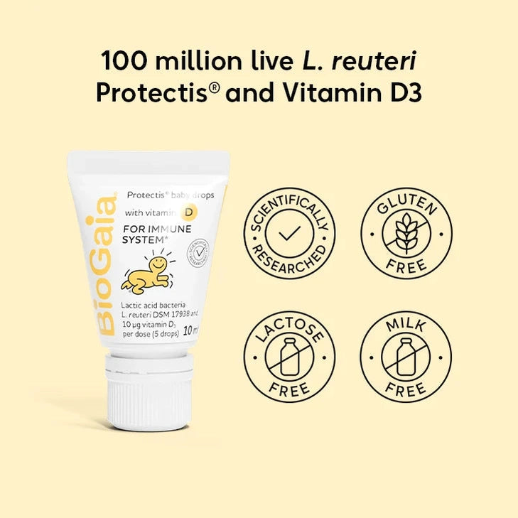 BioGaia baby drops showing L reuteri probiotics and vitamin D3 formulation delivering 100 million live cultures for gut balance and immune support