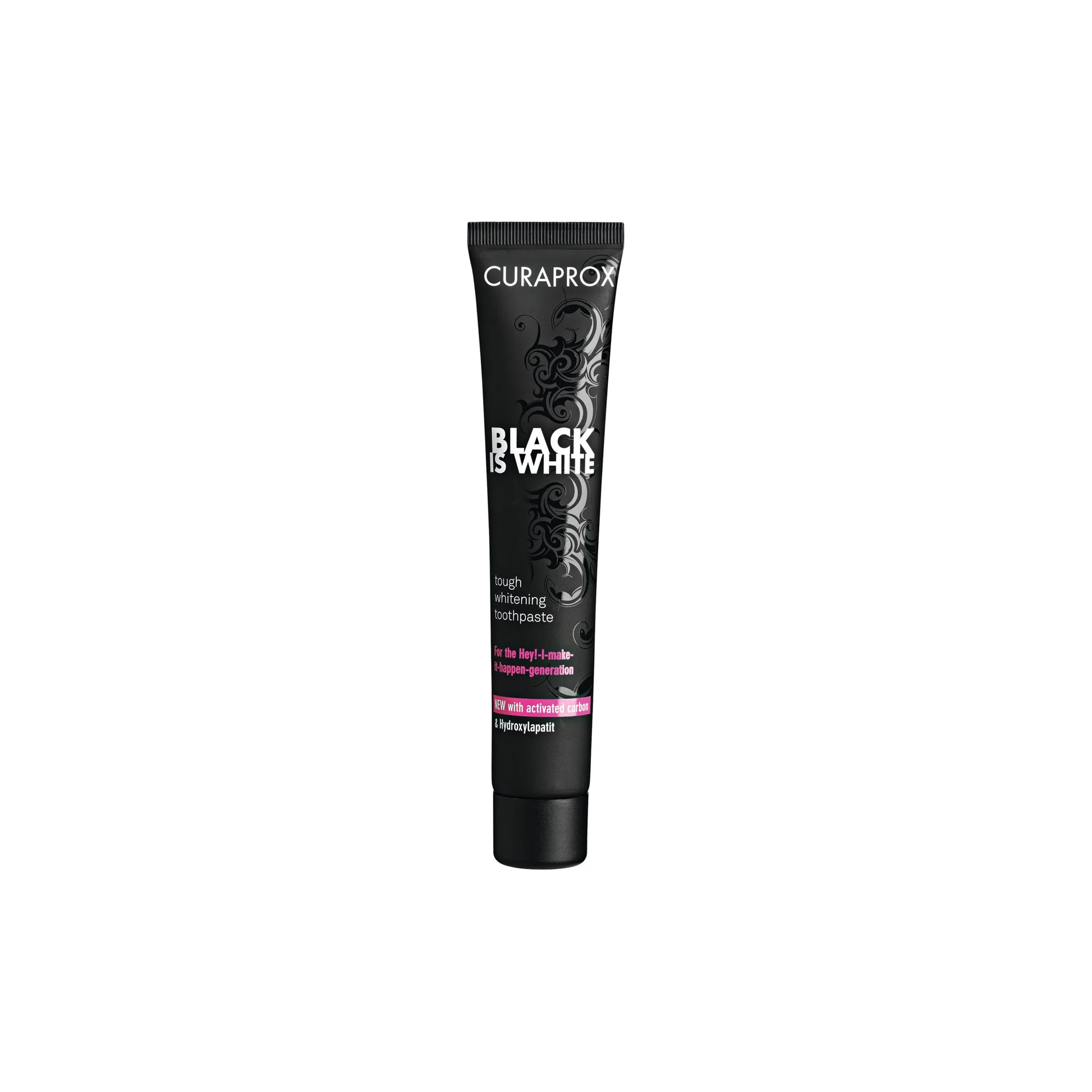 Curaprox Black is White toothpaste with activated carbon and hydroxyapatite absorbing stains and remineralising tooth enamel naturally