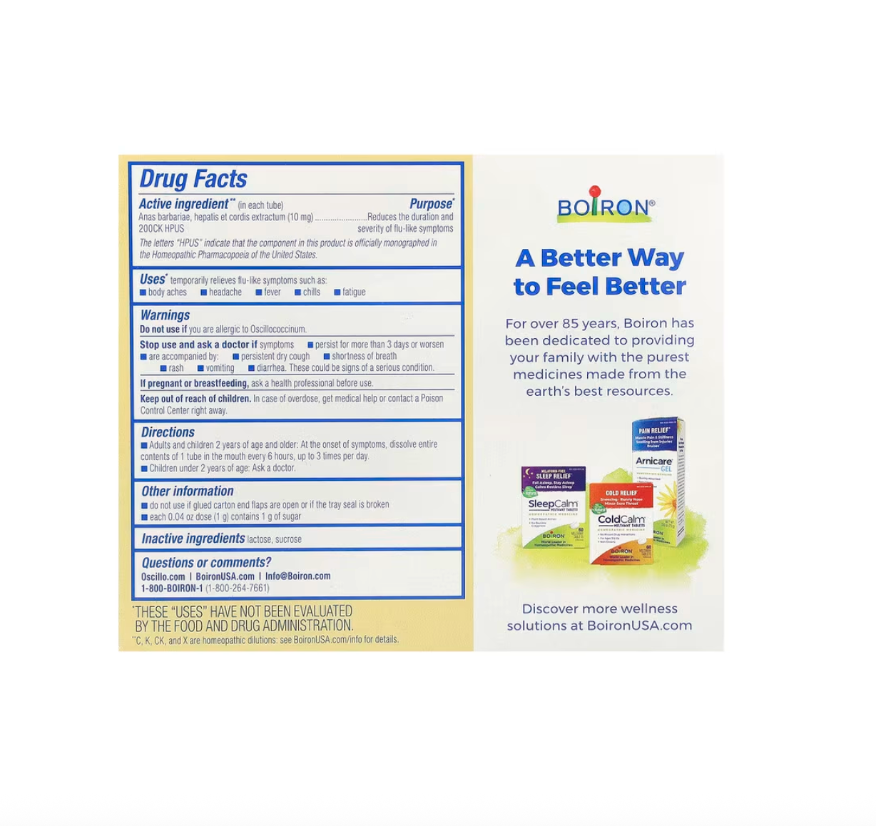 Boiron Oscillococcinum meltaway pellets with no drug interactions for body aches, headache, fever, chills and fatigue