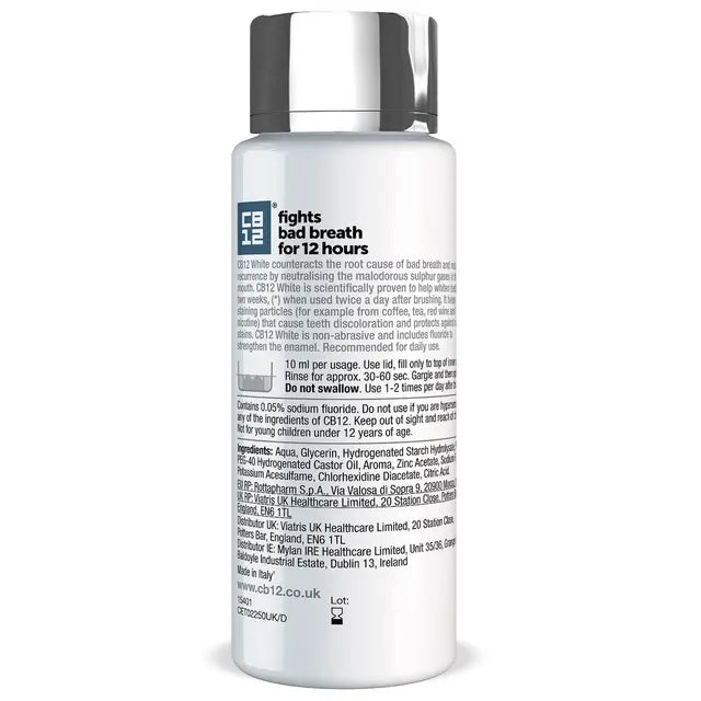 CB12 Whitening Mouthwash with Hydrogen Peroxide and Fluoride to help gently whiten teeth and neutralise bad breath at the source