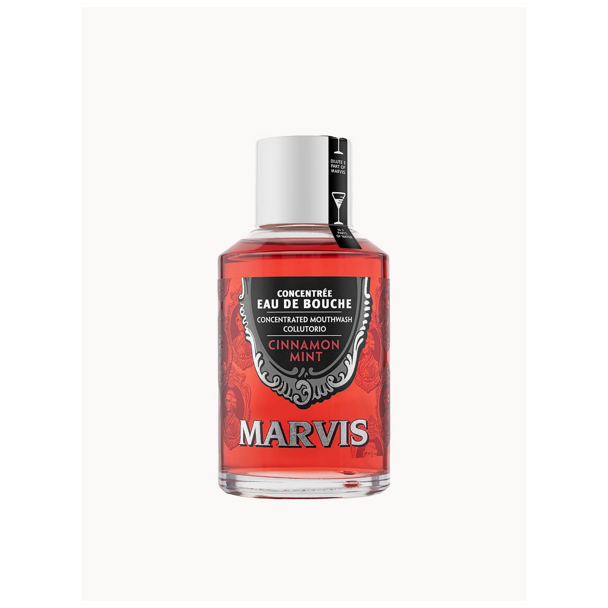 Marvis Cinnamon Mint concentrated mouthwash 120ml bottle designed to reduce bacteria fight plaque and freshen breath as part of daily oral hygiene routine