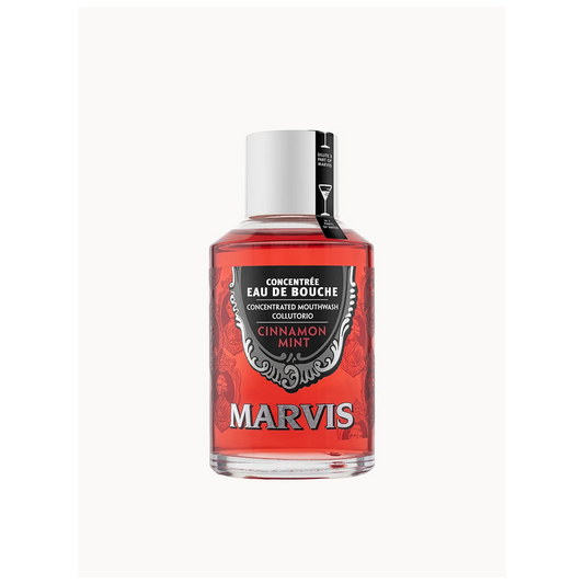 Marvis Cinnamon Mint concentrated mouthwash 120ml bottle designed to reduce bacteria fight plaque and freshen breath as part of daily oral hygiene routine