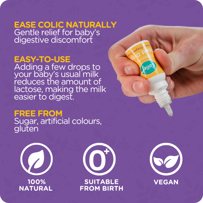 Colief Colic Infant Drops lactase enzyme formula that helps digest lactose in milk, reducing gas and discomfort linked to temporary lactase deficiency