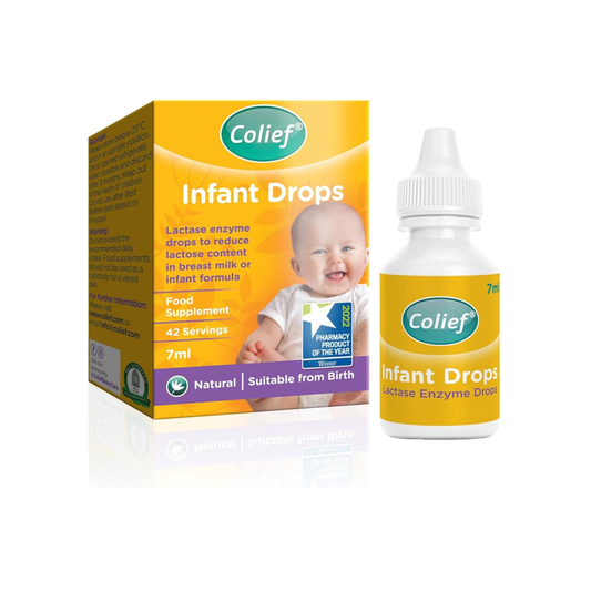 Colief Colic Infant Drops 7ml bottle for babies with colic, helps break down lactose in milk to reduce digestive discomfort and crying after feeds