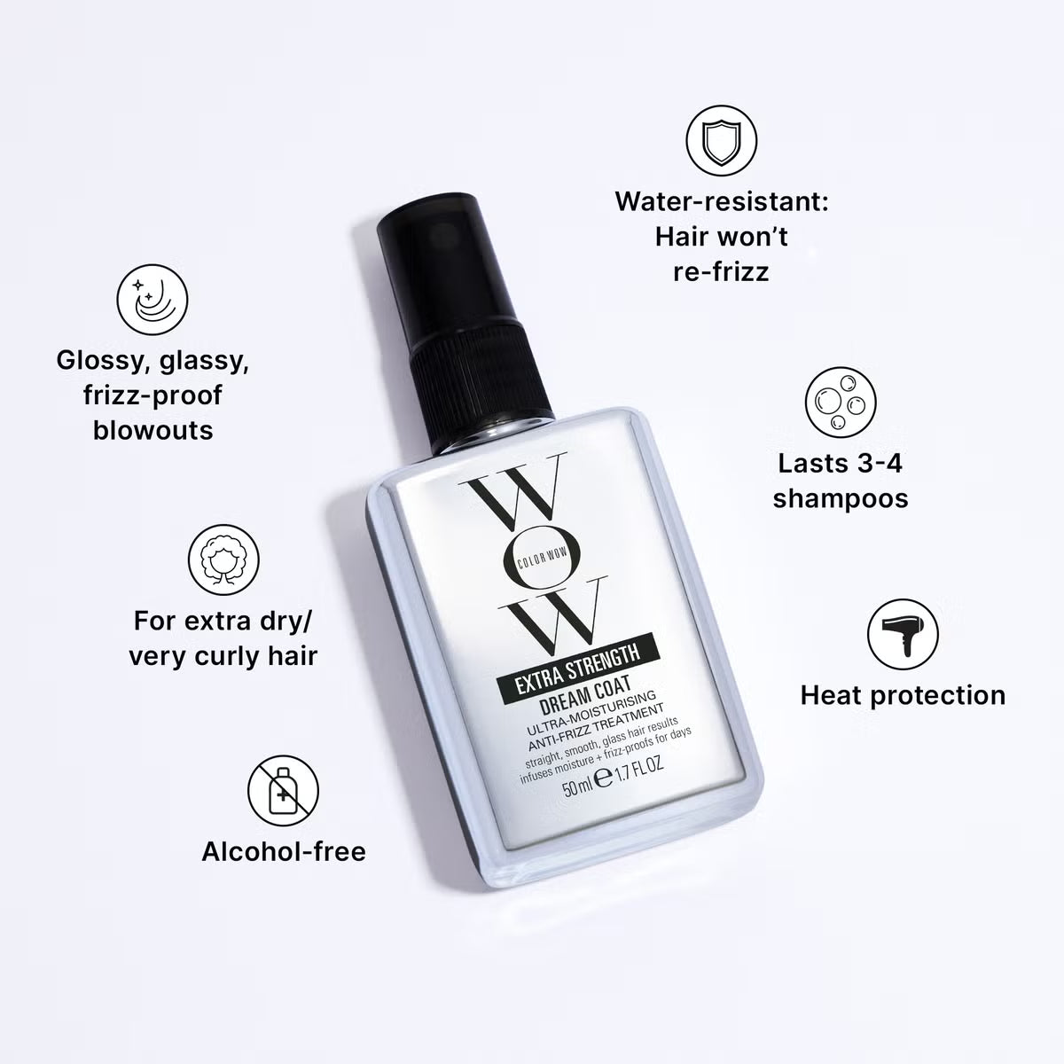 Color Wow Extra Strength Dream Coat 50ml travel spray with flex-elastic polymers and waterproof technology to minimise frizz for up to three shampoos