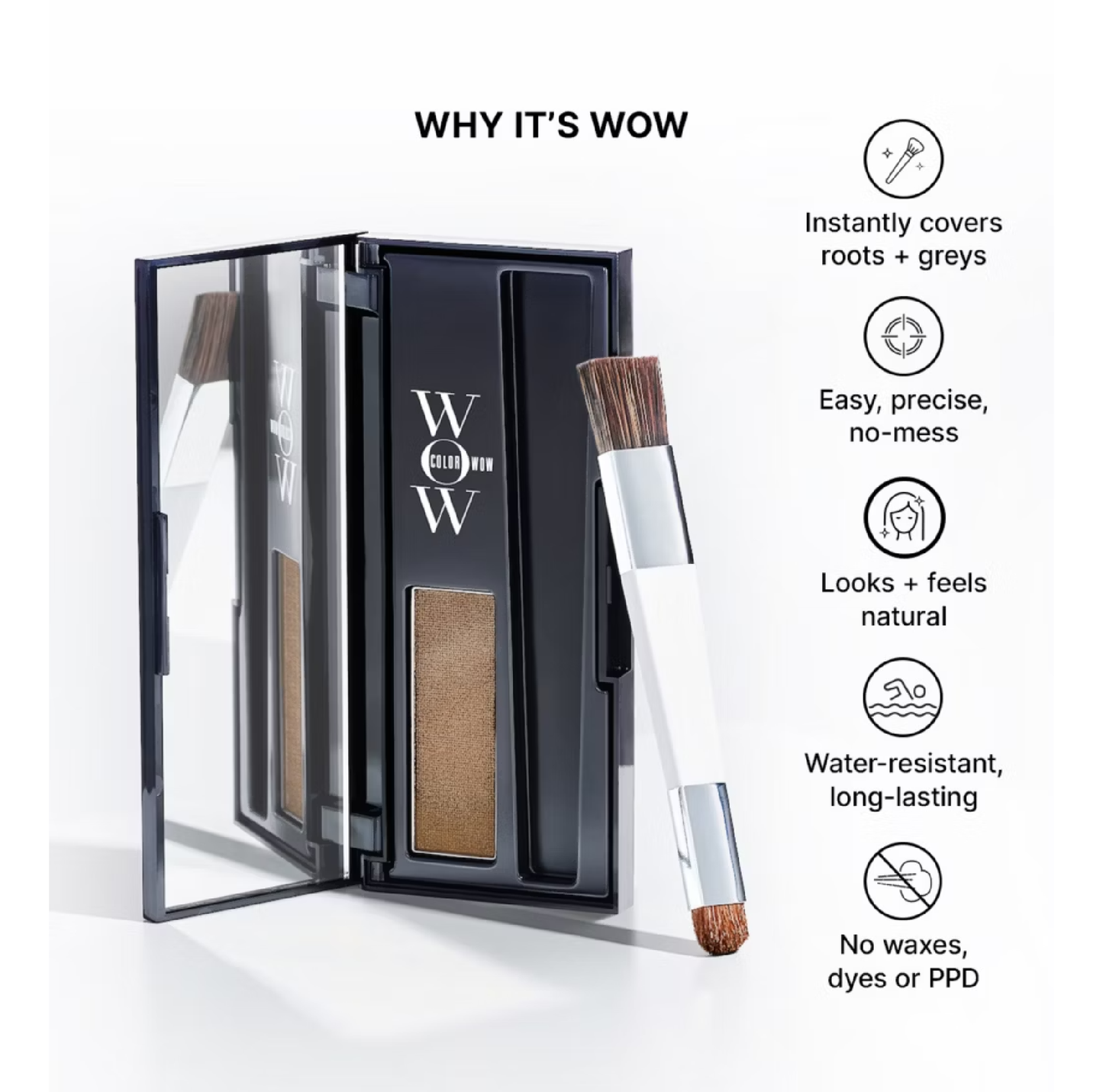 Color Wow Root Cover Up Medium Brown compact with built in brush showing reflective mineral powder formula