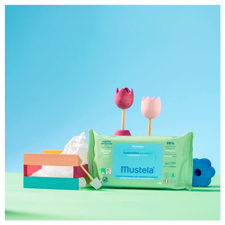 Mustela compostable baby wipes 60 pack with upcycled Avocado just 7 ingredients eco-friendly dermatologically tested