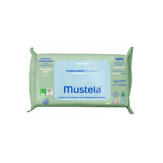 Mustela Compostable Cleaning Wipes with Fragrance 60 wipes water-based 99% natural for baby face body and nappy area from birth