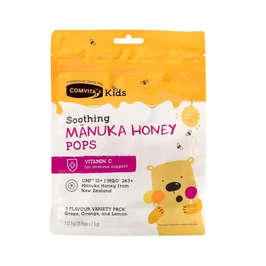 ComvitaKids manuka honey pops 15 pack for kids throat soothing and immune support with vitamin C, tasty natural lollipops for cough and cold comfort