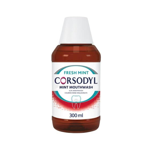 Corsodyl antibacterial mouthwash fresh mint 300ml designed to treat bleeding gums and gum disease while forming a protective layer over teeth and gums