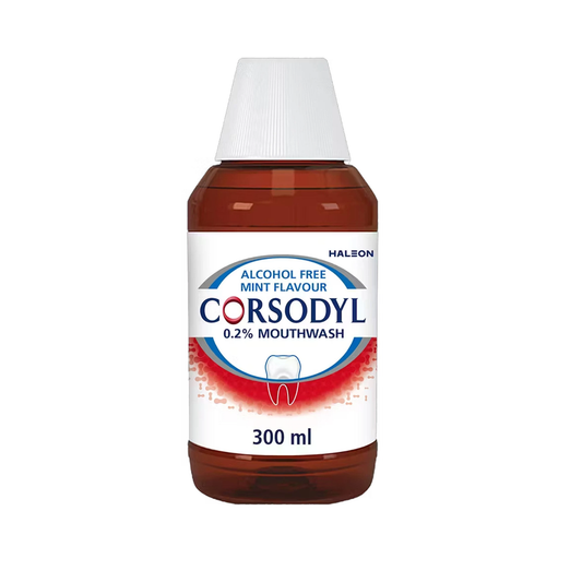 Corsodyl alcohol free antibacterial mouthwash 300ml designed to treat gum disease bleeding gums and mouth ulcers while supporting gum healing and oral hygiene