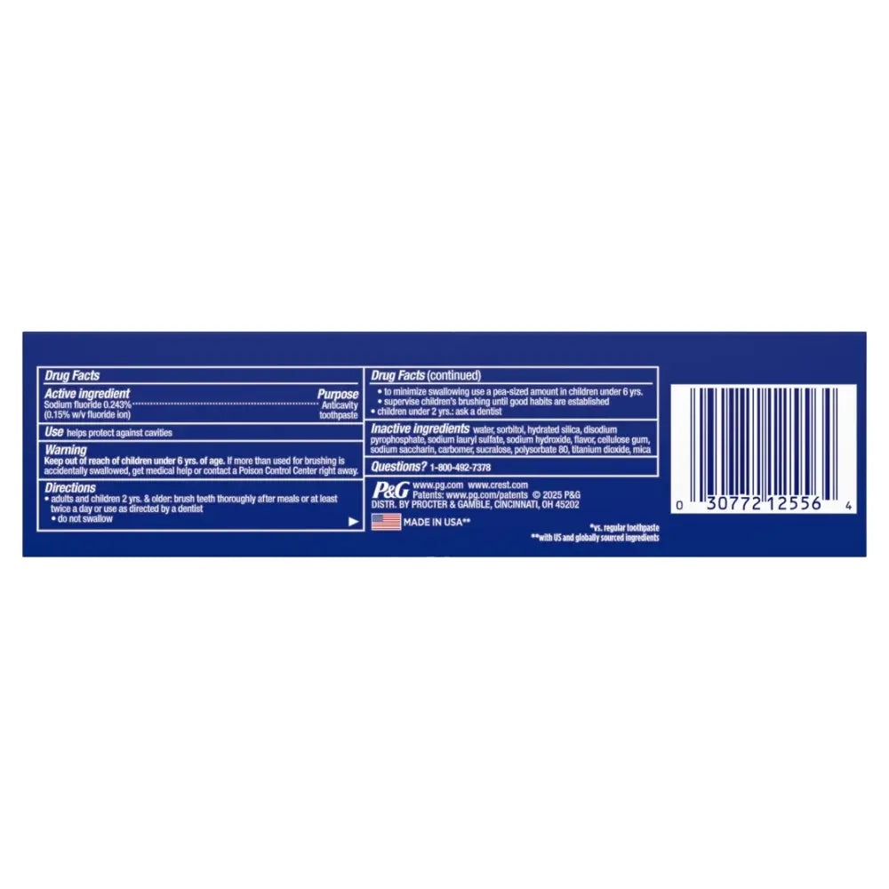 Crest 3D White toothpaste with fluoride and advanced whitening agents protecting enamel and preventing future stain build-up