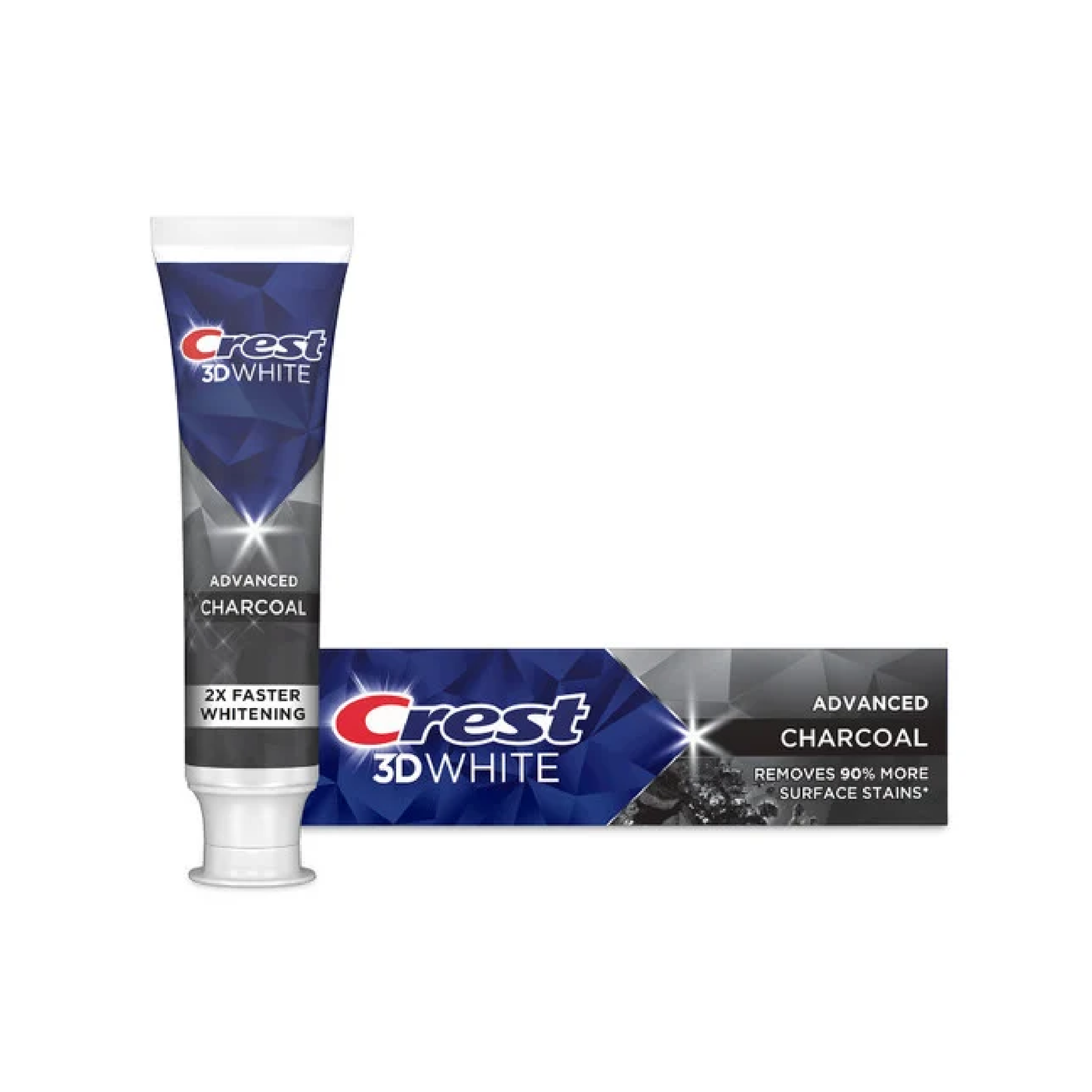 Crest 3D White Charcoal toothpaste with sodium fluoride and charcoal powder lifting stains and strengthening tooth enamel daily