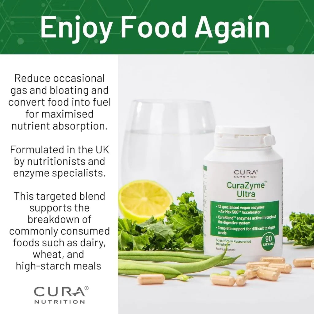 Cura Nutrition CuraZyme Ultra with CuraBlend enzymes supporting protein carbohydrate and fat breakdown across all digestive pH levels daily