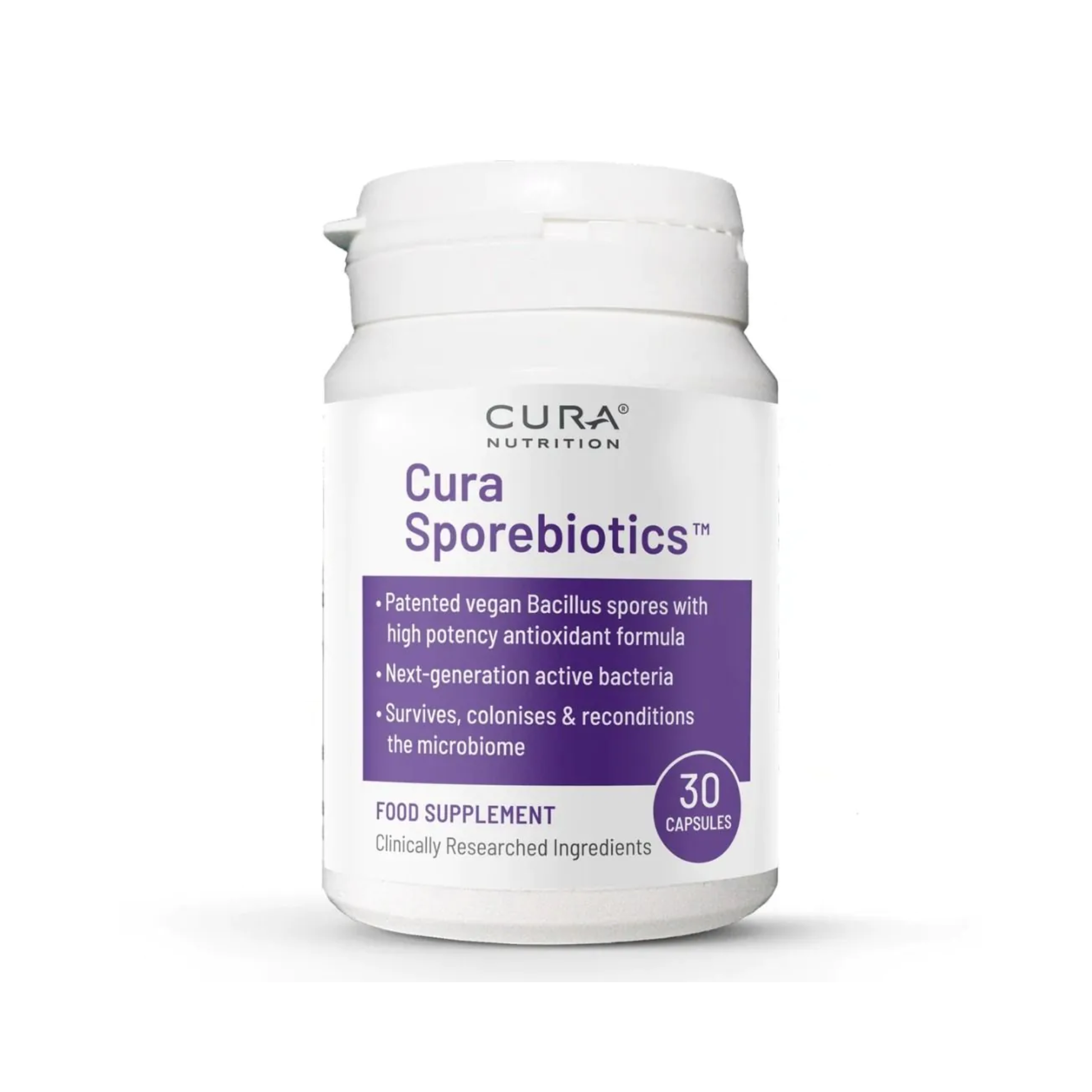 Cura Nutrition Sporebiotics with Antioxidants 30 capsules with patented Bacillus spores for gut microbiome diversity and digestive support